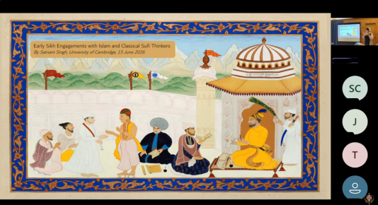 Opening slide of Satnam Singh's  talk with miniature painting of a Sikh–Muslim encounter (inset thumbnail of Inderpreet introducing the speaker)